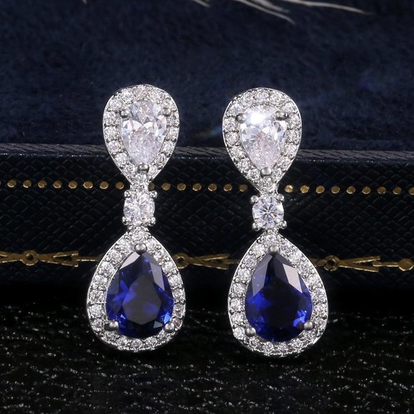 🎁 Noble Water Drop Royal Blue And White Pear Zircon Stud Earrings, UNVN12417 - Picture 2 of 7